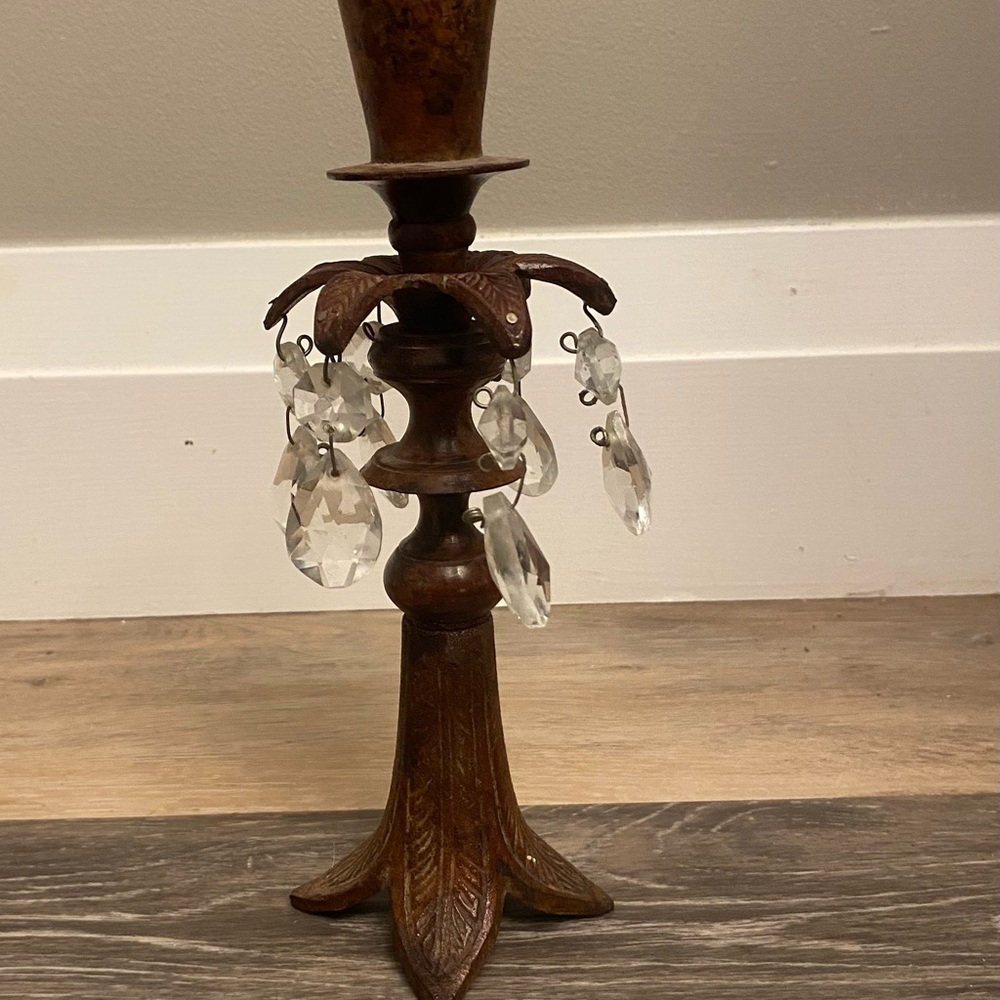 Vtg Cast Iron Candlestick Gothic Candle Holder Crystal Prisms 9"